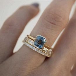 3pcs Acid Blue Crystal Rings for Women Fashion Yellow Gold Colour Wedding Women's Ring Luxury Brand Jewellery Gifts Accessories P0818 198N