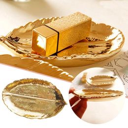 Decorative Figurines Small Golden Leaf Tray Ceramic Gold Trinket Dish Ring Jewelry Bowl Vanity Big Christmas Ornament
