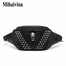 Mihaivina Punk Rivet Skull Men Waist Bag Women Black Fanny Pack Leather Chest s Female Shoulder Messenger Bum s 220216 237W