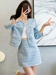 Work Dresses Fall Winter Small Fragrance Women's Beaded Blue Tweed Jacket Coat Mini Skirt Suits Female Korean Ladies Elegant Two Piece Sets