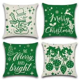 Pillow 45 Linen Merry Christmas Cover Green Theme Snowman Ball Pattern Throw Pillowcase Sofa Home Navidad Yea Decorative