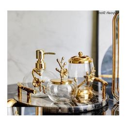 Tank Accessory Set Light Marb Bottle Brass Box Transparent Crystal Glass Lotion Bathroom Storage Bath Luxury Accessories Cotton Swab Dh Vgvi