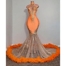 Black Girls Orange Mermaid Prom Dresses 2022 Satin Beading Sequined High Neck Feathers Luxury Skirt Evening Party Formal Gowns For Wome 311l