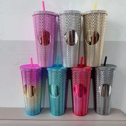 Double Plastic Straw Cup Large Capacity Creative 710ml Hand Cup Luminous Color-changing Rainbow Electroplated Durian 240527