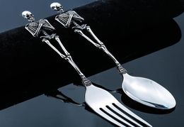 Titanium Steel Skeleton Skull Fork Spoon Tableware Vintage Dinner Table Flatware Cutlery Set Metal Crafts Halloween Party Gifts5391177934