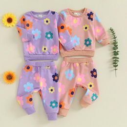 Clothing Sets Toddler Kids Baby Girls 2pcs Fall Clothes Flower Print Long Sleeve Crewneck Sweatshirts Tops Elastic Waist Pants Outfits