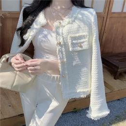 Korean Fashion Plaid Tweed Jacket Women White Round Neck Cropped Tassel Coat Autumn Single Breasted Office Lady Outwear 240514