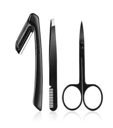 3pcsSet Black Eyebrow Tweezer Flat Tip Clip Curved Scissors Razor Trimmer Nose Eyelash Hair Removal Stainless Steel Makeup Set To8983556