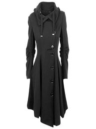 Gothic Long Trench Coat Black Slim Asymmetric Lapel Collar Button Elegant Autumn Winter Vintage Goth Overcoat Outwears 2112285286678