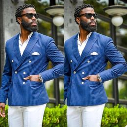 Men's Suits Blue Stripe Jacket White Pant Costum Homme Men Groom Tuxedos Terno Masculino Prom Blazer For Man 2 Pieces