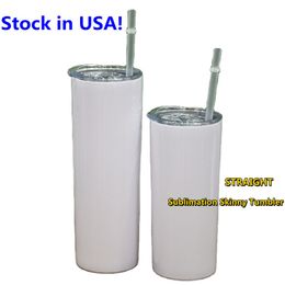 USA Stocks Sublimation 15oz STRAIGHT Skinny Tumblers with Plastic Lid Straw Stainless Steel Double Wall Insulated Vacuum Blanks White W 249N