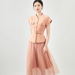 Women's Runway Designer Two Piece Dress Stand Collar Short Sleeves Blouse with Mesh Pleated Skirt Fashion Twinsets