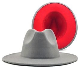 Grey red Patchwork Wool Felt Jazz Fedora Hat Women Unisex Wide Brim Panama Party Trilby Cowboy Cap Men Gentleman Wedding Hat XL 220514 2884