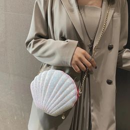 ASDS-2Pcs Women Girls Little Mermaid Seashell Purse Cross-Body Shoulder Bags Glitter Sequins Chain Evening Purse Pink White 240514