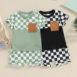 Clothing Sets Summer Kids Toddler Boy Clothes Plaids Print Short Sleeve T-Shirt Elastic Waist Shorts Outfit Green