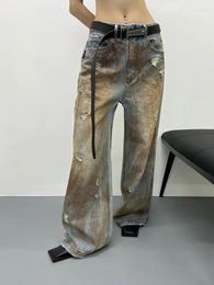 Women's Jeans 2024 American Vintage Loose Wide Leg Straight Women Fashion Hand Painted Yellow Mud Denim Pants S801