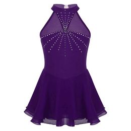 Dancewear Kids Girls Sleeveless Shiny Rhinestones Mesh Splice Gymnastics Leotard Figure Skating Ballet Dress Performance Dancewear Y240524