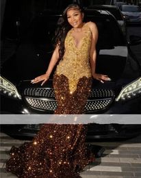 Luxury Gold Rhinestone Mermaid Prom Dresses 2024 Beading Sheer Neck Party Gowns Sequin African Women Gala Dress