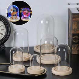 Vases Fairy Lights Home Decor Glass Vase Terrarium Jar Wooden Base Cloche Dust Cover Flower Storage Box