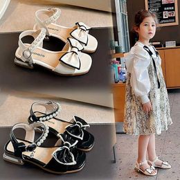 Sandals Girls Beige Open Soft Sole Baby Casual Shoes Summer Black Bow Pearl Princess Childrens d240527