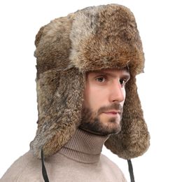 Thick Warm Bomber Hat Men Real Rabbit Fur Earflap Trapper Outdoor Russian Cap Male Plus Size Winter Hats Ski Russian Hat 253G