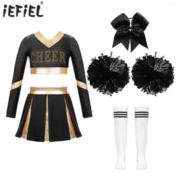Clothing Sets Kids Girls Cheerleading Uniform Long Sleeve Crop Top With Pleated Skirt For Sports Cheer Up Dance Performance Competition