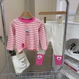 Clothing Sets Girls Love Striped T-shirt Set Autumn Baby Girl Cute Toddler Children Korean Style Pure Cotton Leisure Outfits