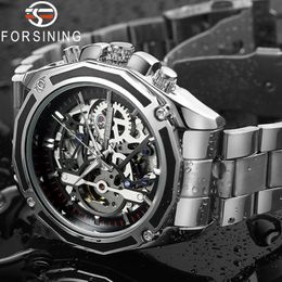 Forsining Men Watch Stainless Steel Military Sport Wristwatch Skeleton Automatic Mechanical Male Clock Relogio Masculino 0609 Y19052103 2701
