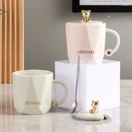 Mugs Bear Cute Coffee Mug Creative Geometric Cup Body With Lid And Spoon Set Ceramic Water Light Luxury Milk Birthday Present