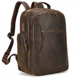 Backpack Men Large Capacity Crazy Horse Leather 18 Inch Casual Hiking Travel Rucksack Personlized Genuine School Bag