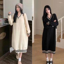 Casual Dresses MOYISU Women Elegant V-neck Sweater Vintage Striped Loose Knitted Dress Korean Fashion Winter Clothes Vestidos