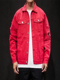 Autumn Hole Denim Jacket Men Ripped Cowboy jeans Bomber Jackets Coat Male Slim Fit Solid Casual Coats Cotton Red Plus Size 5XL4083627