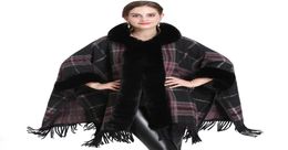 New Autumn Winter Women039s Loose Hooded Plaid Poncho Faux Fur Collar Cuff Cardigan Shawl Cape Tassels Cloak Outwear Coat C49647050716