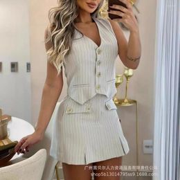Work Dresses Striped Buttoned Vest Top & Slit Flap Detail Skorts Set Women Summer Tank High Waist Sexy Fashion Office Lady