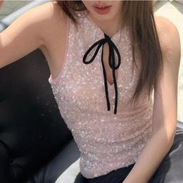 Women's Tanks Pink Sequin Luxury Sexy Bandage V-Neck Sleeveless Tank Slim Ballet Style Hollow Out Bow Matte Beaded Fit Vest Tops 2024