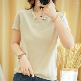Women's T Shirts T-shirt Summer Pure Cotton Knitted Short Sleeve Casual Solid Tees Loose V-neck Tops Basic Ladies Blouse