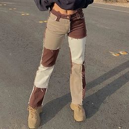 Осень коричневые женские ковбойские полосатые пэчворные джинсы уличная повседневная хип -хоп высокая талия.