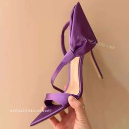 Sandals Satin Woman Purple Sexy Bow Pointed Open Toe Back Strap High Heels Stiletto 2024 Summer Elegant Party Dres 8f4