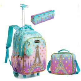 School Bags Children Rolling Backpack Bag Wheeled For Girls SchooTrolley Wheels Kids Travel Luggage Trolley 234Y