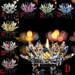 Candle Holders Multicolor Crystal Glass Lotus Holder Transparent Buddhist Flower-shaped Candlestick Holiday Party Home Decoration