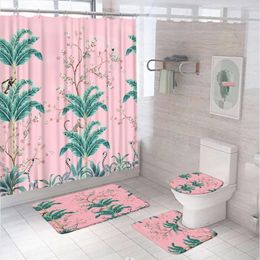 Shower Curtains Watercolour Tropical Plant Jungle Green Banana Leaf Curtain Sets Animal Monkey Bathroom Decor Non-Slip Toilet Rug Bath Mat