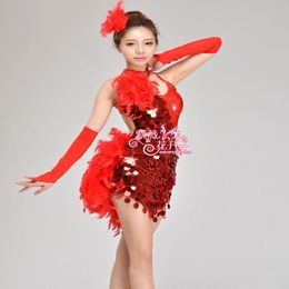 Girl Latin Dance Dresses For Sequin feather style Cha Cha Rumba Samba Ballroom Tango Dance Clothing Kids Costume 2698