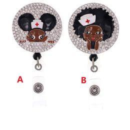 Newest Style Key Rings Black Girl Rhinestone Retractable ID Holder for nurse name accessories badge reel with alligator clip 263b