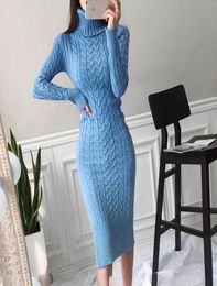 Casual Dresses 2021 Winter Thicken Turtleneck Sweater Maxi Women Bodycon Knitted Solid Color Plus Size Dress Female Knitwear Vesti9280256