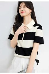 Women's Polos Korean style short Sve polo shirt womens cotton stretch fashion summer top elegant knitted striped T-shirt Y240527XBLW