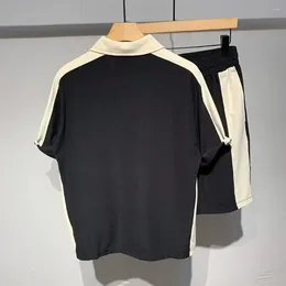 Men's Tracksuits Men Casual Sports Suit Patchwork Colour Shirt Shorts Set With Adjustable Drawstring Waist Zipper Half Placket For A