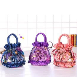 Hand-Stitched Handbag Coin Purse Mobile Phone Bag Lace Fabric Bag Ethnic Style Handbag Drawstring Bucket Bag Flowers