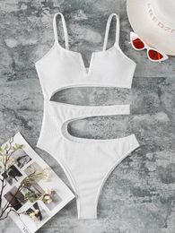 Women's Swimwear V Shaped Asymmetric Wrinkled Crinkled Cut Out Women One Piece Swimsuit Female High Bather Bathing Suit Swim K3766