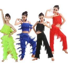 Dancewear Childrens Latin dance attire dance hall plus size edge tassel dress pants girl sequins Salsa Samba childrens stage costumes Y240524