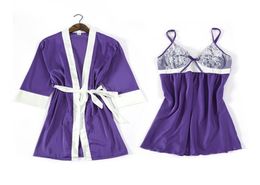 Women039s Sleepwear Purple 2PCS Satin Women Robe Suit Kimono Gown Sexy Strap Nightgown Cute Bow Night Dress With Bra Long Sleev7418064